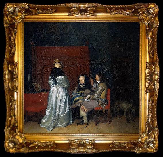 framed  Gerard ter Borch the Younger Three Figures conversing in an Interior, known as The Paternal Admonition, ta009-2